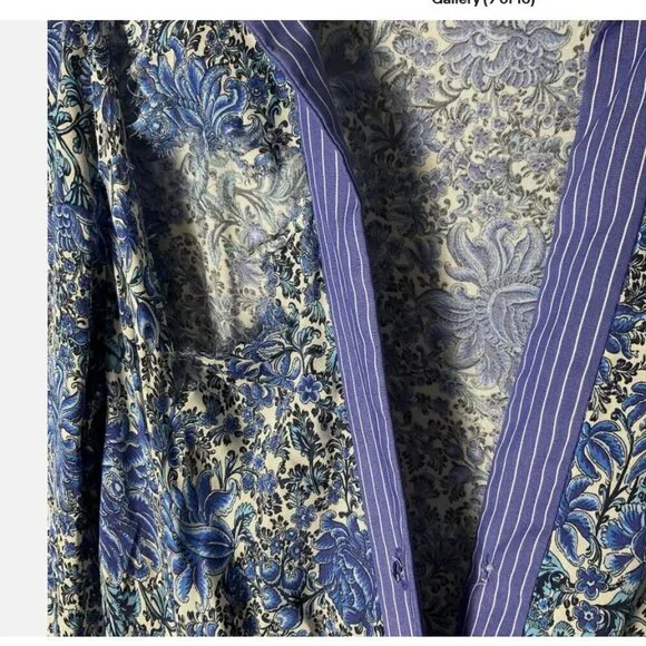 Sandro Dress Size 0 Blue Floral Wrap Midi 3/4-Sleeve Collar‎ Tie *READ FLAW* - Picture 5 of 10